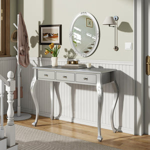 English Elm Luxury Makeup Vanity Desk with Oval Mirror and Engraved Floral Frame, Velvet Jewelry Tray, Durable Drawers and Elegant Console for Bedroom & Living Room Decor Silver N844P292481S