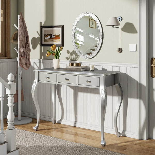 English Elm Luxury Makeup Vanity Desk with Oval Mirror and Engraved Floral Frame, Velvet Jewelry Tray, Durable Drawers and Elegant Console for Bedroom & Living Room Decor Silver N844P292481S