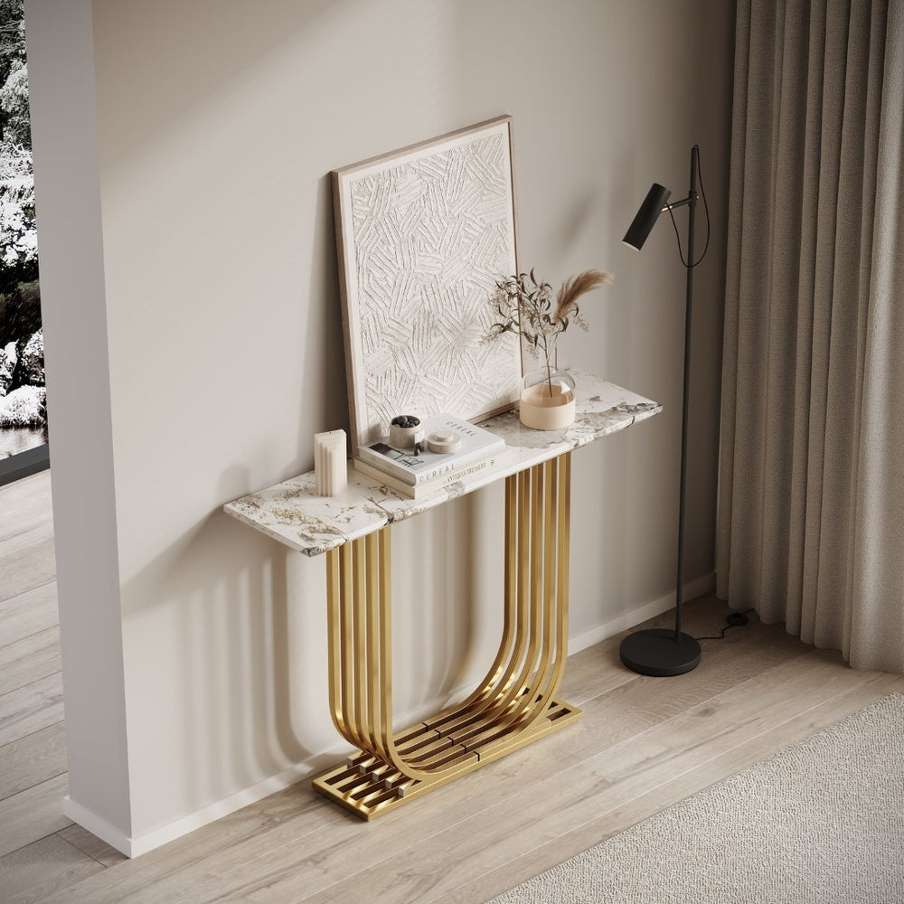 English Elm Accent Console Table Sculptural Black Gold Metal Legs Slim Entryway Hallway Decor W2263P395487