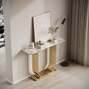 English Elm Accent Console Table Sculptural Black Gold Metal Legs Slim Entryway Hallway Decor W2263P395487