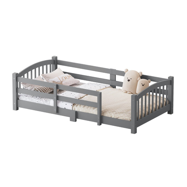 English Elm Twin Montessori Floor Bed Solid Pine Frame with Safety Guardrails for Kids Bedroom Gray N733P400298E