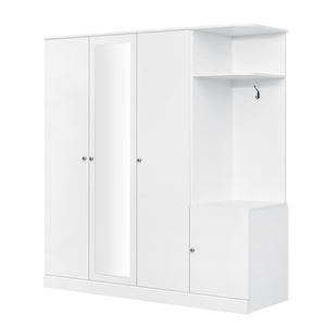 English Elm 4-Door Wardrobe with Full-Length Mirror, Dust-Proof Compartments, Shoe Door & Anti-Tip Safety Features White N820S00056K