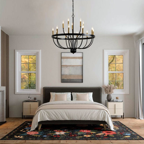 English Elm 15-light Industrial Farmhouse Chandelier Matte Black Iron Gold Candelabra Dining Foyer W5008P479818