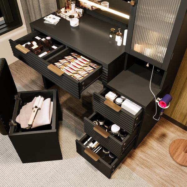 English Elm 43.5" Fluted Black Makeup Vanity with Lighted Mirror Charging Station and Storage Stool N704P340248B