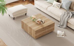 English Elm 33.25" Square Storage Coffee Table Four Drawer Matte Mdf Living Room Centerpiece Natural N735P422508N