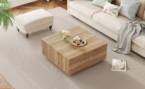English Elm 33.25" Square Storage Coffee Table Four Drawer Matte Mdf Living Room Centerpiece Natural N735P422508N