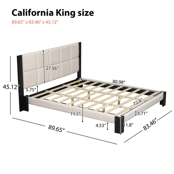 English Elm Christopher Knight Home® - Boucle Cal King Upholstered Platform Bed with Square-Stitched Headboard, Beige Fabric & Black Legs N758C546162A