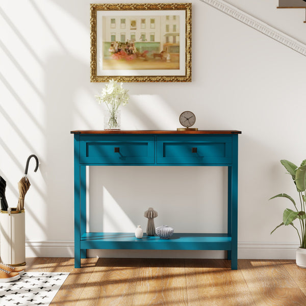 English Elm Farmhouse Pagoda Blue Console Table with 2 Drawers, Bottom Shelf, Anti-Tip Hooks & Rustic Charm W2557P271250