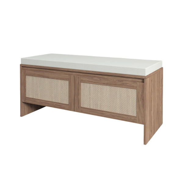 English Elm PP Rattan bench with cushion and hidden shoe storage, linen seat, dust‑protected interior, natural finish W808P316354