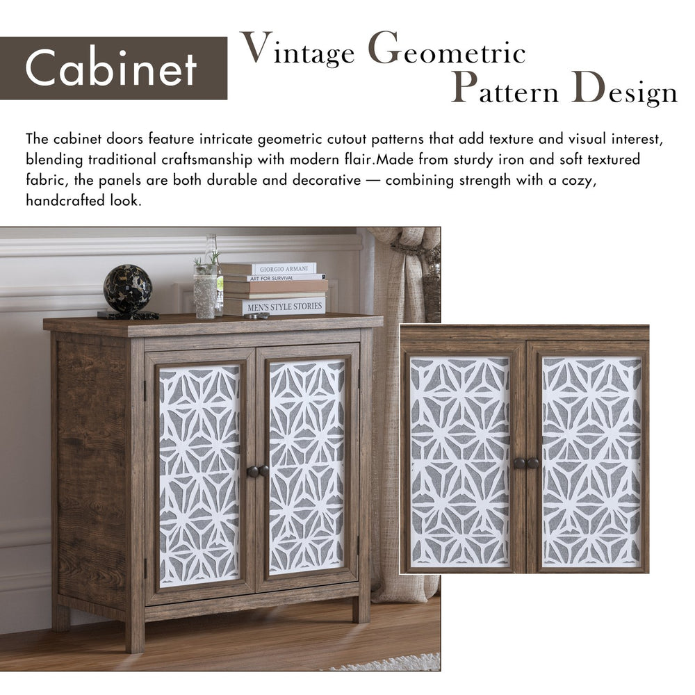 English Elm Rustic Vintage Wood Storage Cabinet with Metal Frame & Linen Doors, Dustproof Geometric Design, Easy Assembly W808P245584