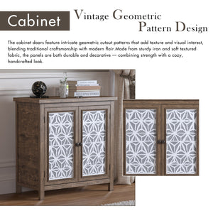 English Elm Rustic Vintage Wood Storage Cabinet with Metal Frame & Linen Doors, Dustproof Geometric Design, Easy Assembly W808P245584