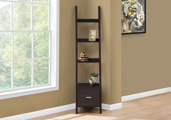 English Elm Bookshelf, Espresso 69" Ladder Etagere with 3 Staggered Shelves, Drawer & Wall-Mount Tipping Hardware Included B2710P219122