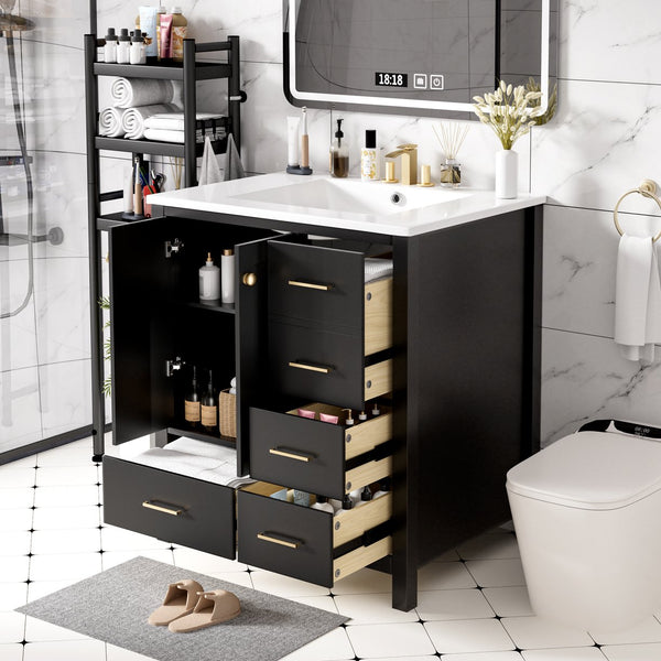 English Elm 30'' Elegant Freestanding Bathroom Vanity With Ceramic Sink, Soft-Close Drawers & Timeless Black Finish N710P194420B