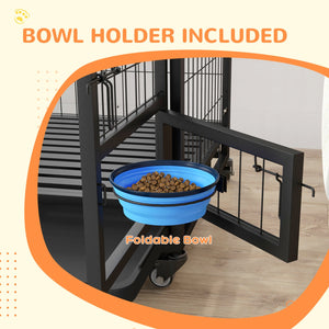 English Elm PawHut Heavy Duty 43" Steel Dog Crate with Wheels, Removable Tray, Top Access & Foldable Bowl Holder Black W2225P217150