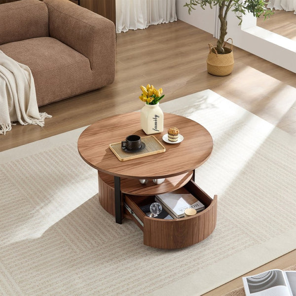 English Elm Round Storage Coffee Table with Drawer Ash Wood Grain Matte Finish Modern Living Room Walnut W2085P384594