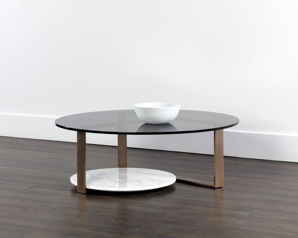Sunpan MALDINI Contemporary Round Coffee Table with Grey Glass Top & White Marble Base for Modern Living Spaces 108048