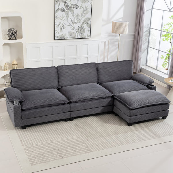 English Elm 113" Modern 3+1 L-Shaped Corduroy Sofa with Double-Layer Cushions, Cup Holders & Storage Bags DARK GREY W2715S00004