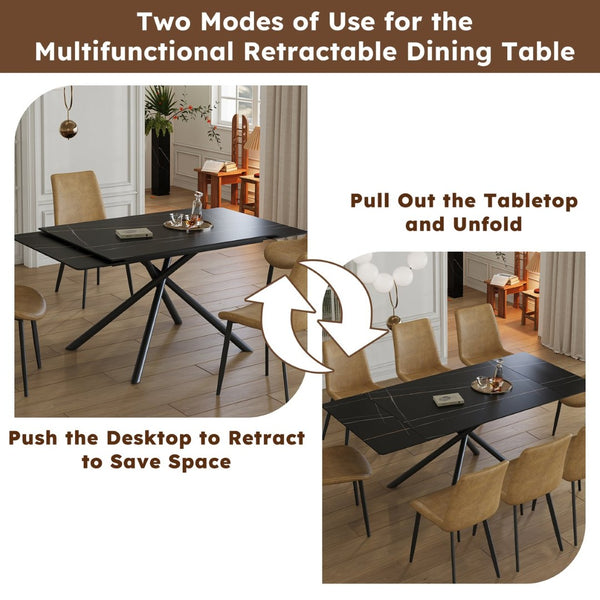 English Elm Retractable Sintered Stone Dining Table Set With 4 Chairs, Modern Design & Durable Carbon Steel Legs W509S00128-GIGA