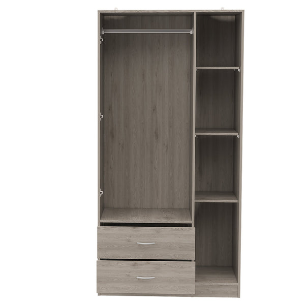 English Elm Eureka Light Oak Three Door Armoire with Rod, Four Shelves & Two Drawers — 70.8"H x 35.4"W x 18.5"D B128S00088