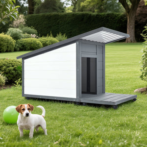 English Elm Outdoor Solid Wood Dog House with Waterproof PVC Roof, Dual Bowls, Lockable 4-Wheel Base, Grey Modern Shelter for Small Pets N843P252402B