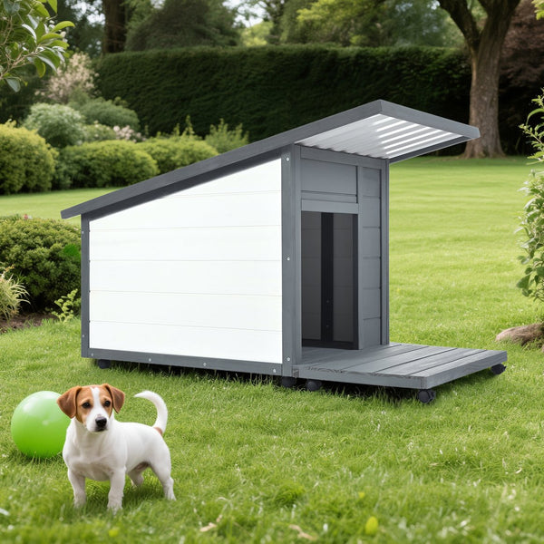 English Elm Outdoor Solid Wood Dog House with Waterproof PVC Roof, Dual Bowls, Lockable 4-Wheel Base, Grey Modern Shelter for Small Pets N843P252402B