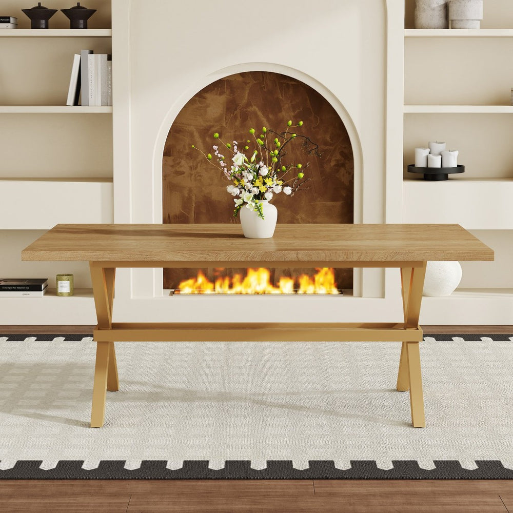 English Elm 71 Inch Industrial Dining Table Walnut Mdf Top Seats 8 with X Frame Steel Base Wood W1151P434795