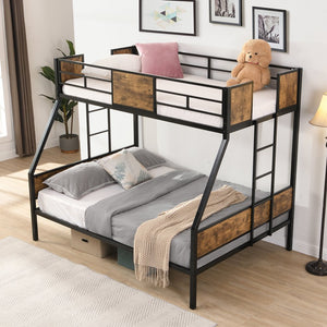 English Elm Twin Over Full Metal Bunk Bed with Trundle, Space-Saving Platform, Built-In Storage & Guardrail Black+Brown 80.51 L x 13.98 W x 7.16 H W2297P217826