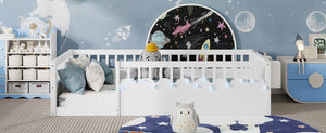 English Elm Twin Montessori Floor Bed Frame with High Rails and Built-In Light Shelf for Safe Independent Sleep White 79.13 L x 13 W x 6.3 H W2593P333565