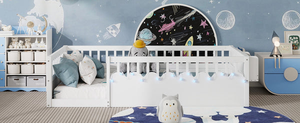 English Elm Twin Montessori Floor Bed Frame with High Rails and Built-In Light Shelf for Safe Independent Sleep White 79.13 L x 13 W x 6.3 H W2593P333565