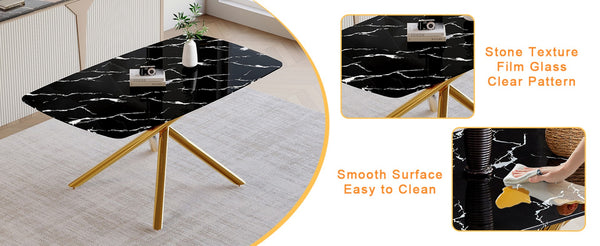English Elm Table and Chair Set Marble Tempered Glass Top Gold Sculptural Legs Four Pu Seats Black+Gold W1151S03292