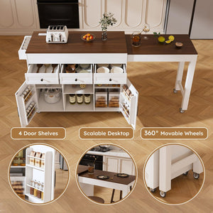 English Elm 74.8" Rolling Kitchen Island Extendable Marble Veneer Top with Power Outlet and Storage W2700S00105