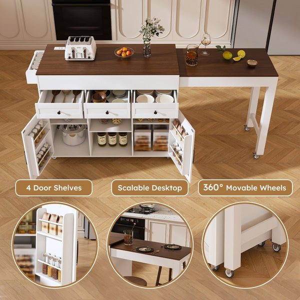 English Elm 74.8" Rolling Kitchen Island Extendable Marble Veneer Top with Power Outlet and Storage W2700S00105