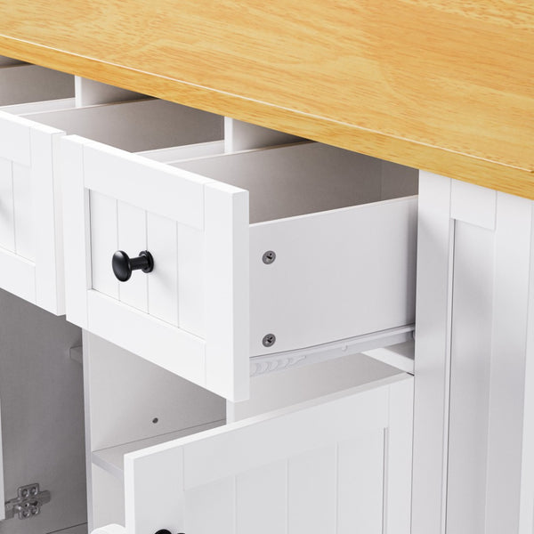 English Elm K&k 53 Inch Rolling Kitchen Island with Drop Leaf Power Outlet and Open Storage Racks White N707S185531W