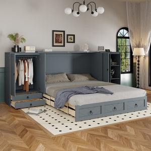 English Elm Queen Murphy Bed with Wardrobe Cabinets Built-in Usb Charging and Concealed Drawers Gray LP000590AAE