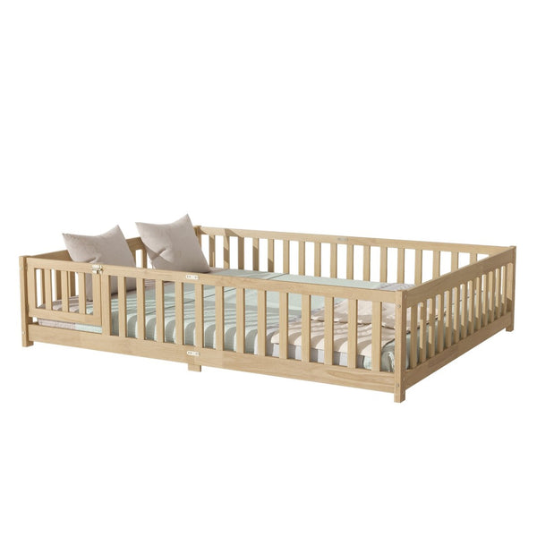 English Elm Queen Rubber Wood Floor Bed with Full Perimeter Safety Fence and Hinged Access Door Natural W504P429341