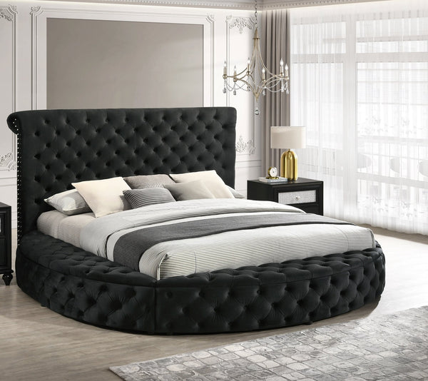 English Elm 1pc Round Plush Velvet Button-Tufted Queen Bed with Studded Headboard and Hidden Storage Luxury Black 54.75 L x 95.25 W x 8.25 H B2741S00042