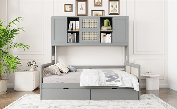English Elm Full Size Wooden Daybed With Storage Drawers, Integrated Shelving, Stylish Gray Finish For Bedrooms N820S00042E