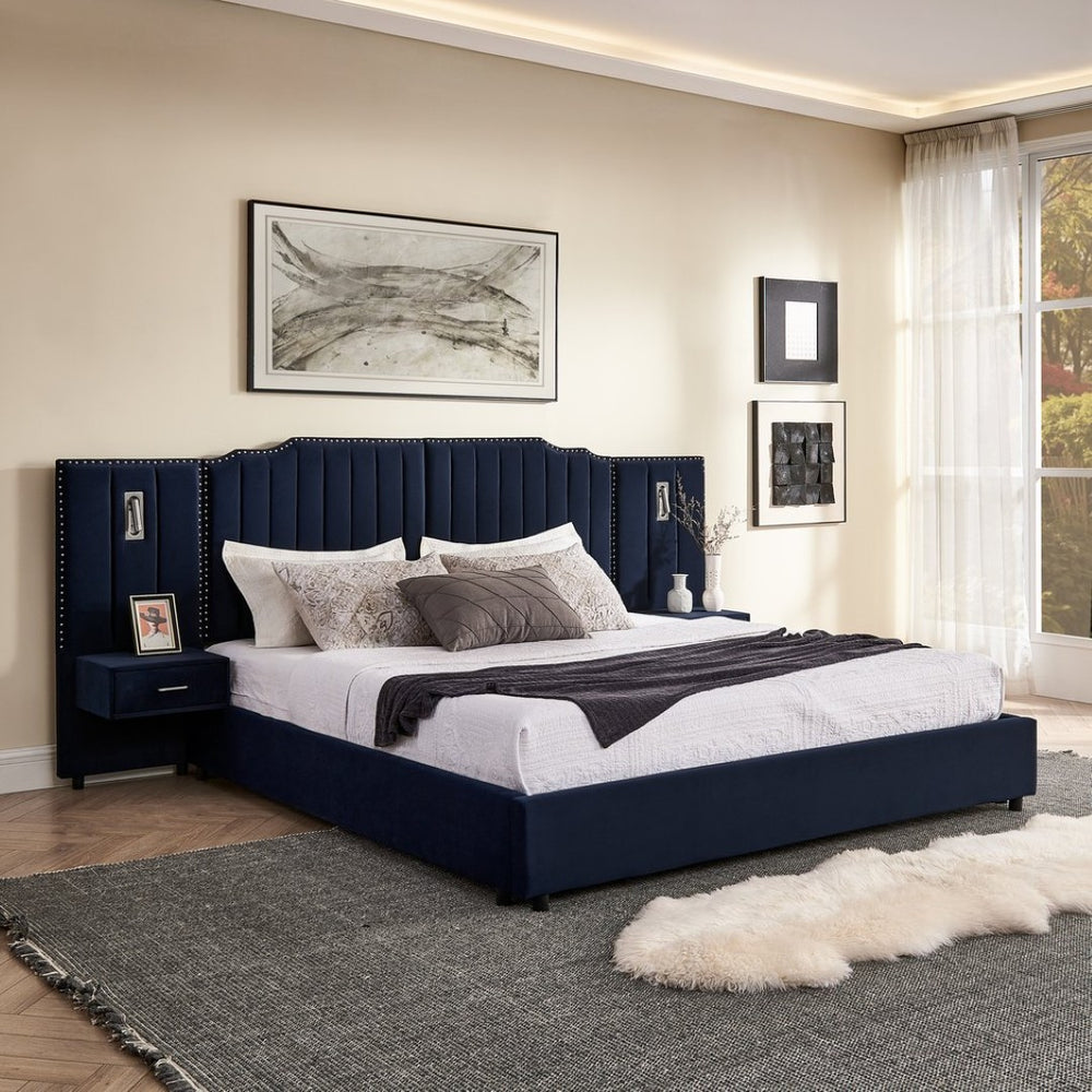 English Elm King Velvet Platform Bed Tufted Headboard with Built in Nightstands and Adjustable Lamps Dark Blue W487S00437