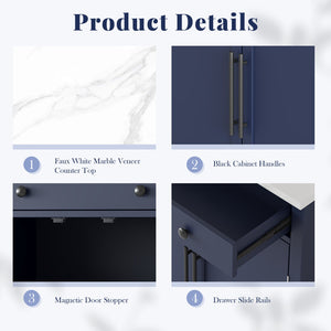 English Elm [Assembly Modern Freestanding Kitchen Pantry with Faux Marble Top, Set of 2 Cabinets with Drawer, Adjustable Shelves, Sleek Durable Design for Dining Room and Coffee Bar Blue SP000074AAC