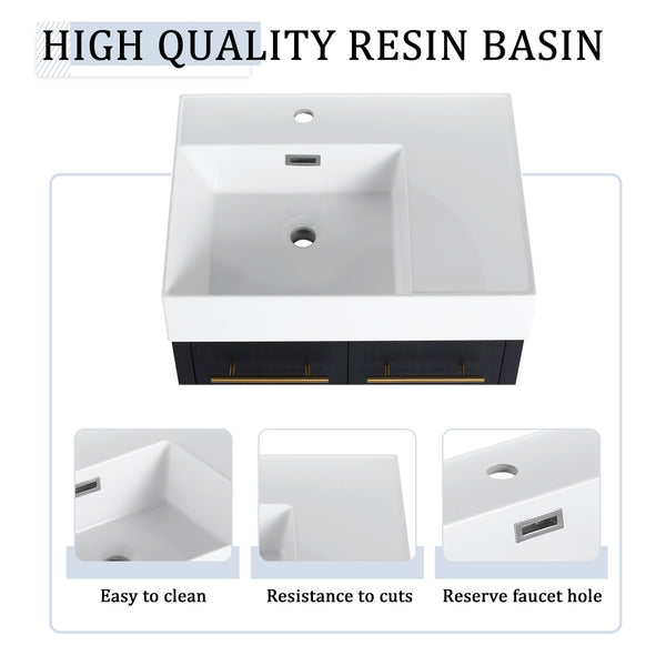 English Elm 24 Inch Wall-Mounted Bathroom Vanity Set With Thick Resin Sink, Storage Rack & Soft-Close Doors W999S00366