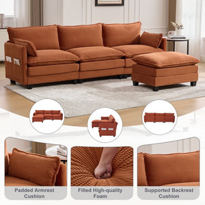 English Elm United We Win Modular Corduroy Sectional with Ottoman Low Profile Living Room Couch Orange W1568S00258
