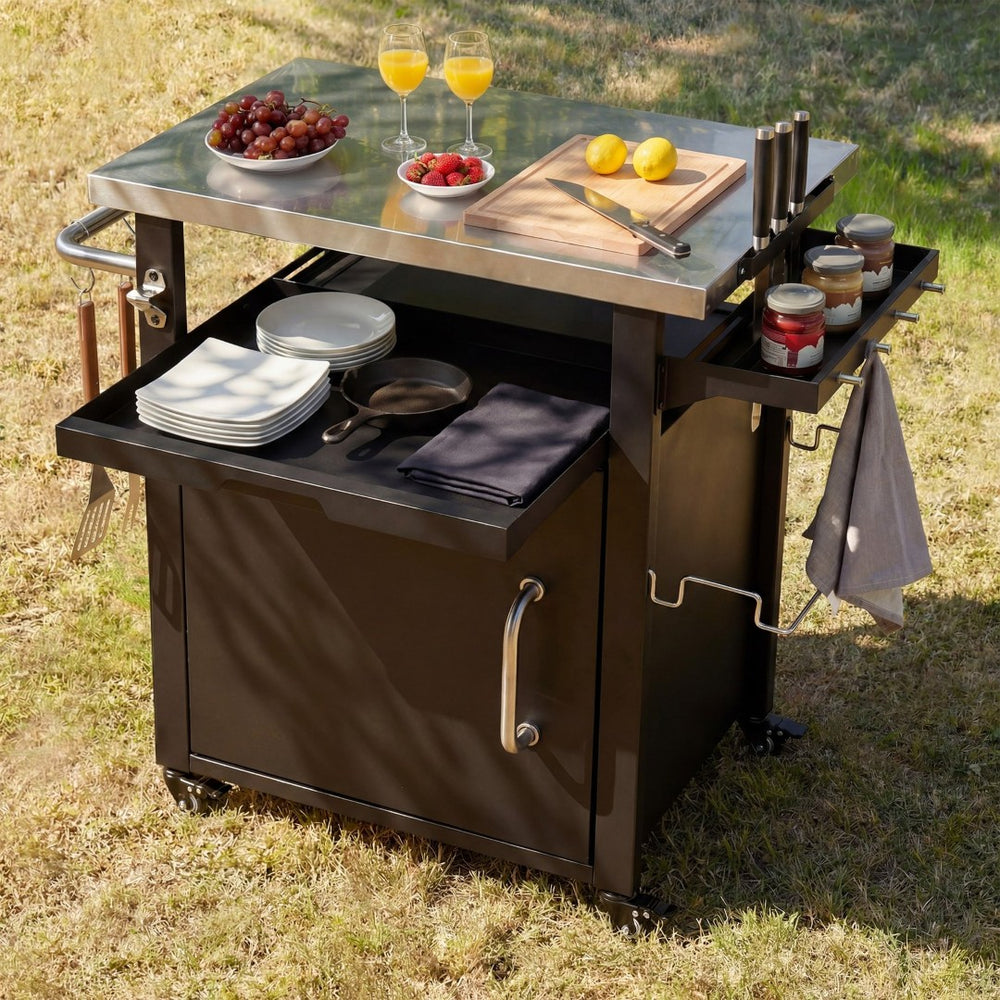 English Elm K&k Outdoor Rolling Grill Cart Stainless Steel Top Bbq Prep Station with Cover N707P379796B