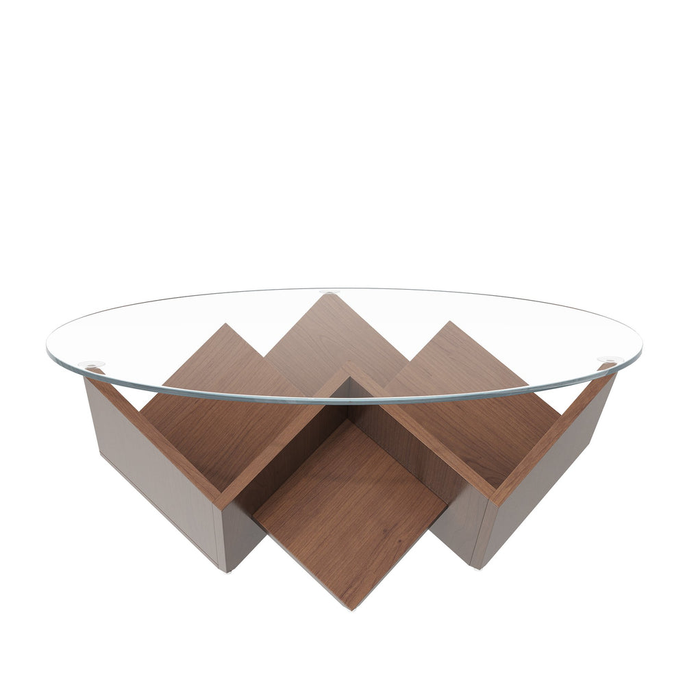 English Elm The Round Coffee Table 35.4" — Glass Top, Geometric Art Deco Walnut Base with Integrated Storage Shelves N735P350383D