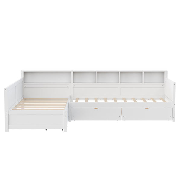 English Elm Twin Corner Daybed with Storage Drawers Bookshelf Wood L-shape Frame for Small Rooms White N733S369272K