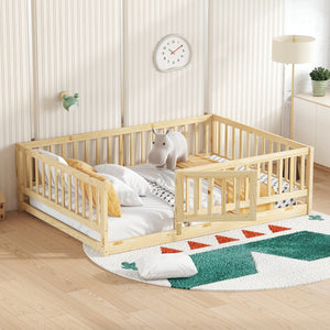 English Elm Full Montessori Floor Bed with Fence and Door, Natural Pine Slatted Full Size Bed, 300lb Capacity, Easy Assemble Oak W1820P369889