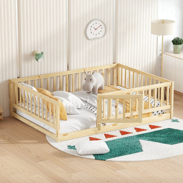 English Elm Full Montessori Floor Bed with Fence and Door, Natural Pine Slatted Full Size Bed, 300lb Capacity, Easy Assemble Oak W1820P369889