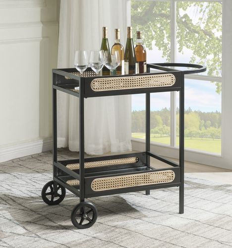 English Elm Colson Black Finish Serving Cart with Mirrored Shelf, Rattan Accents, Metal Frame & 2 Wheels, KD B2726P292343