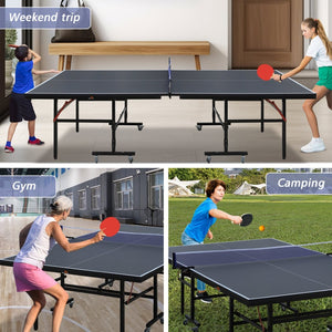 English Elm Double Fish Foldable 9 Ft Ping Pong Table Mdf Surface with Net Paddles Balls Included W3087P250956