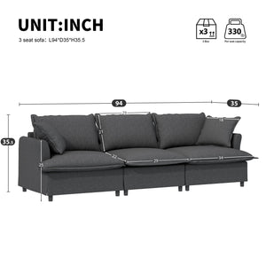 English Elm [New+Video] 3 Seat Modular Sofa 94"x35" Chenille Cloud Couch with Skirted Design, Petal Arms, Pillows Gray N723S4059E