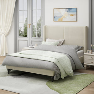 English Elm Queen Plush Upholstered Bed Frame with 55.5" High Headboard, Bouclé Style, 12-Slat Support, 1000lb Capacity Beige 64.96 L x 31.5 W x 8.07 H W1716P335674